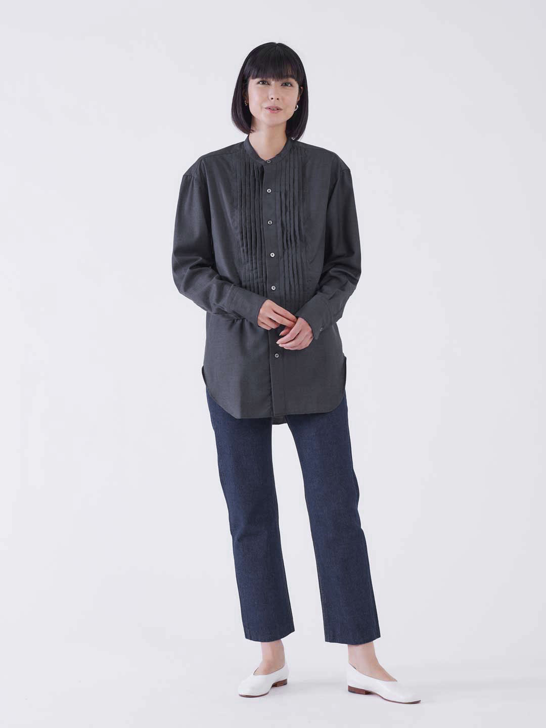 Smocking Band Collar Wool Shirt - Dark Gray