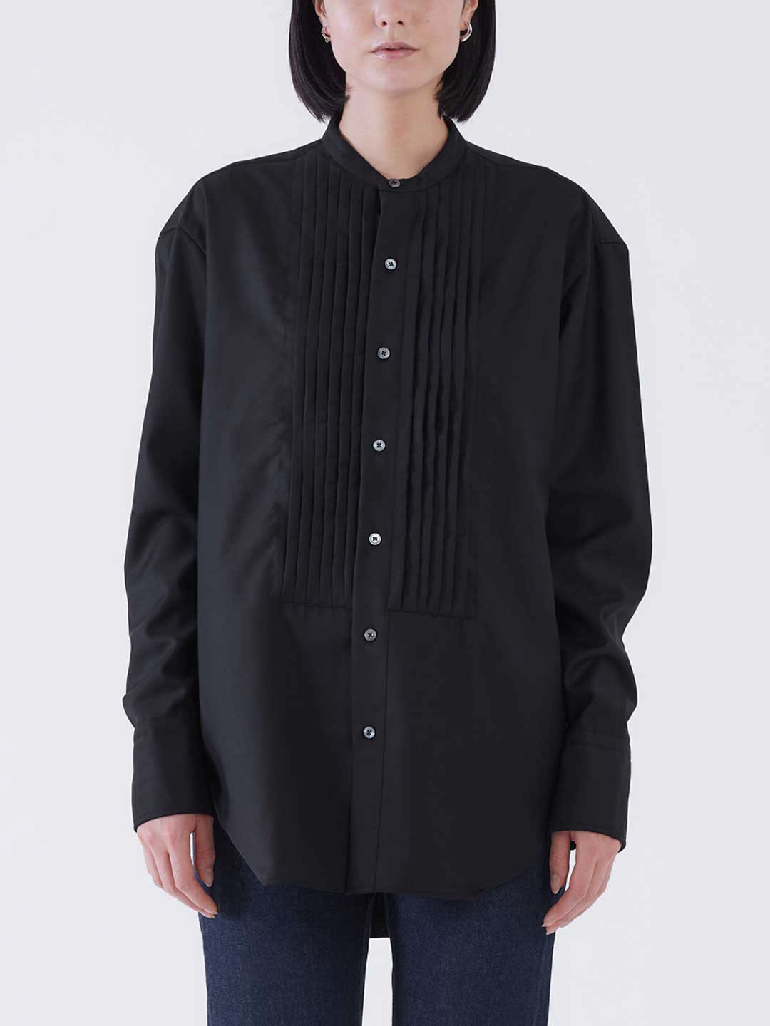 Smocking Band Collar Wool Shirt - Black